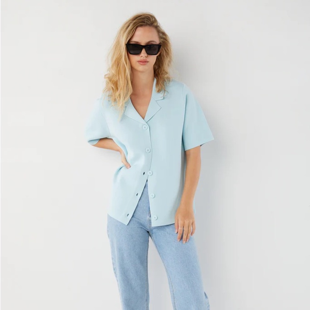 Oak + Fort OVERSIZED COLLARED CARDIGAN Light Blue Button-Up
